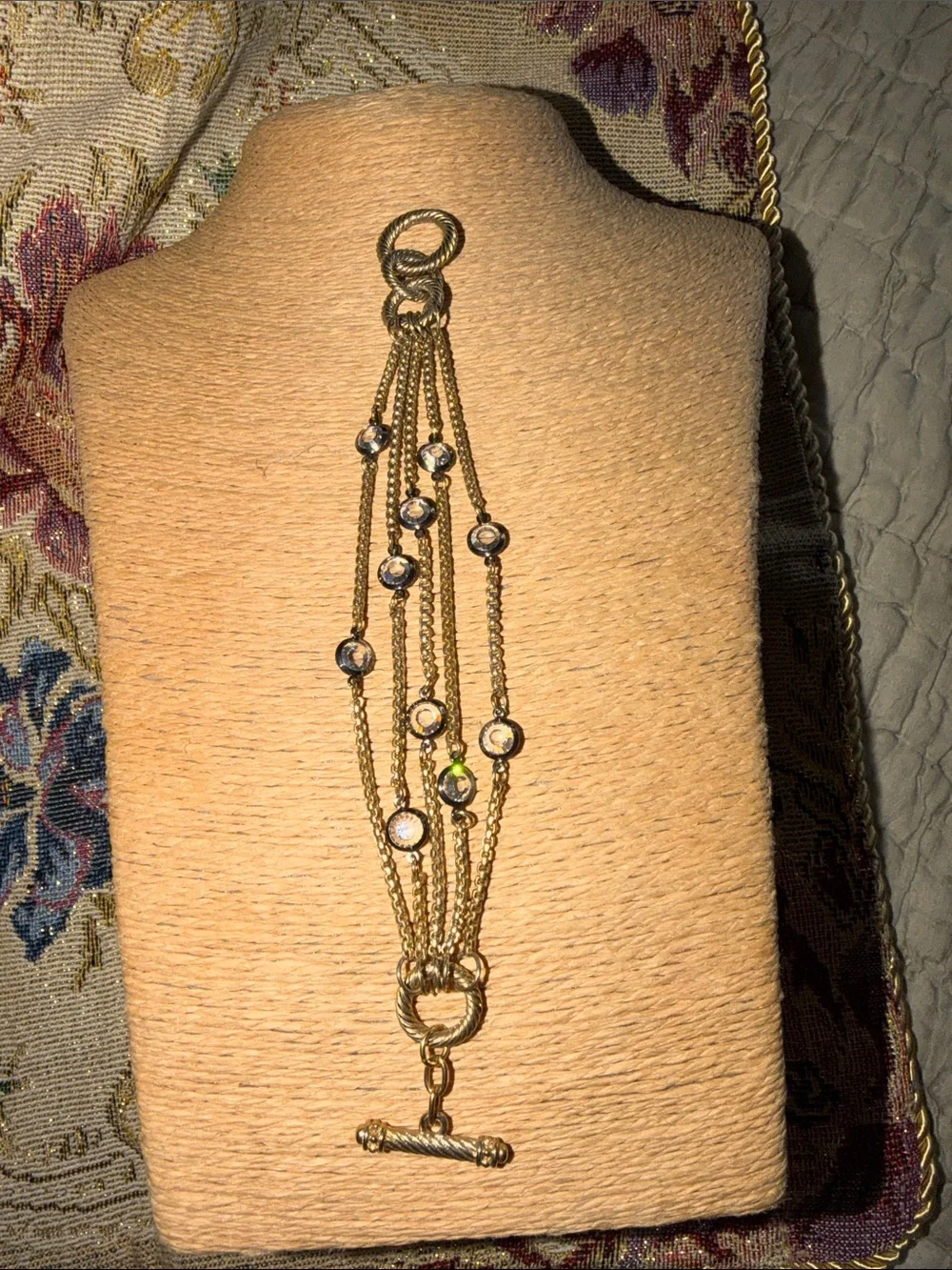 Bracelet toggle clasp smoky  crystal five strands gold tone